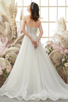 Ivory Spaghetti Straps A line Tulle Wedding Dress