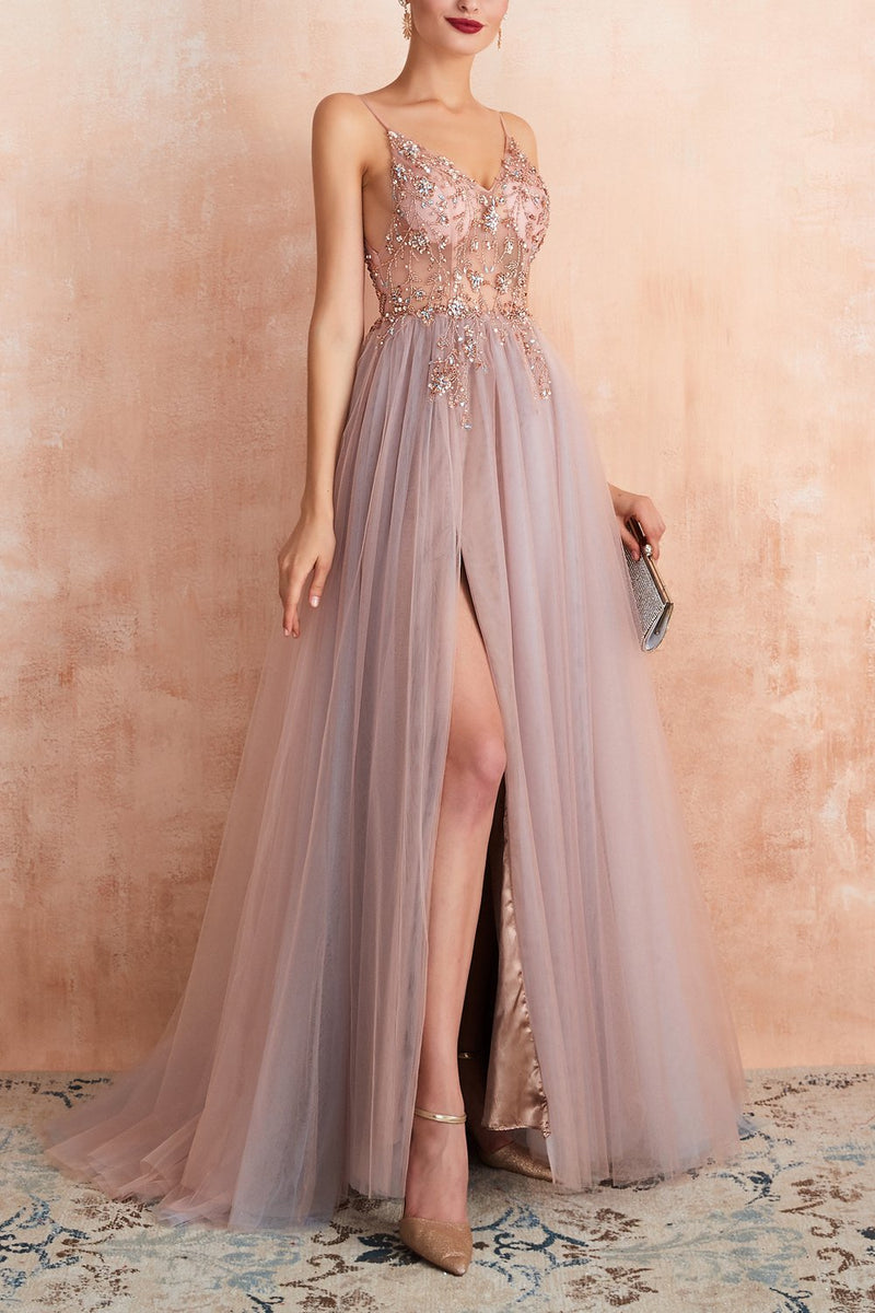 Load image into Gallery viewer, Spaghetti Straps Pink Long Prom Dress With Slit