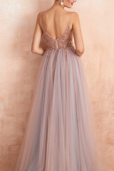 Spaghetti Straps Pink Long Prom Dress With Slit