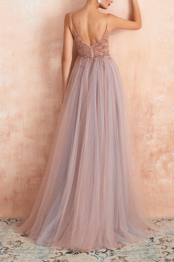 Spaghetti Straps Pink Long Prom Dress With Slit