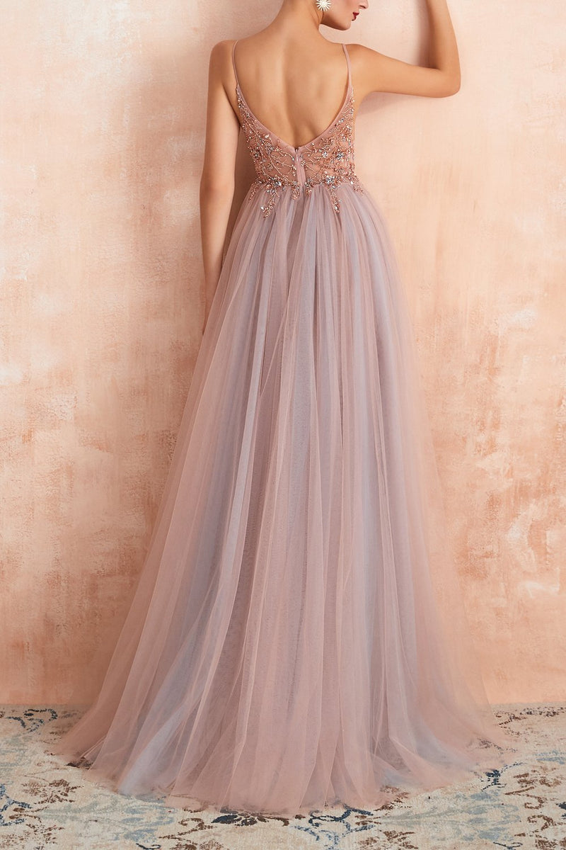 Load image into Gallery viewer, Spaghetti Straps Pink Long Prom Dress With Slit