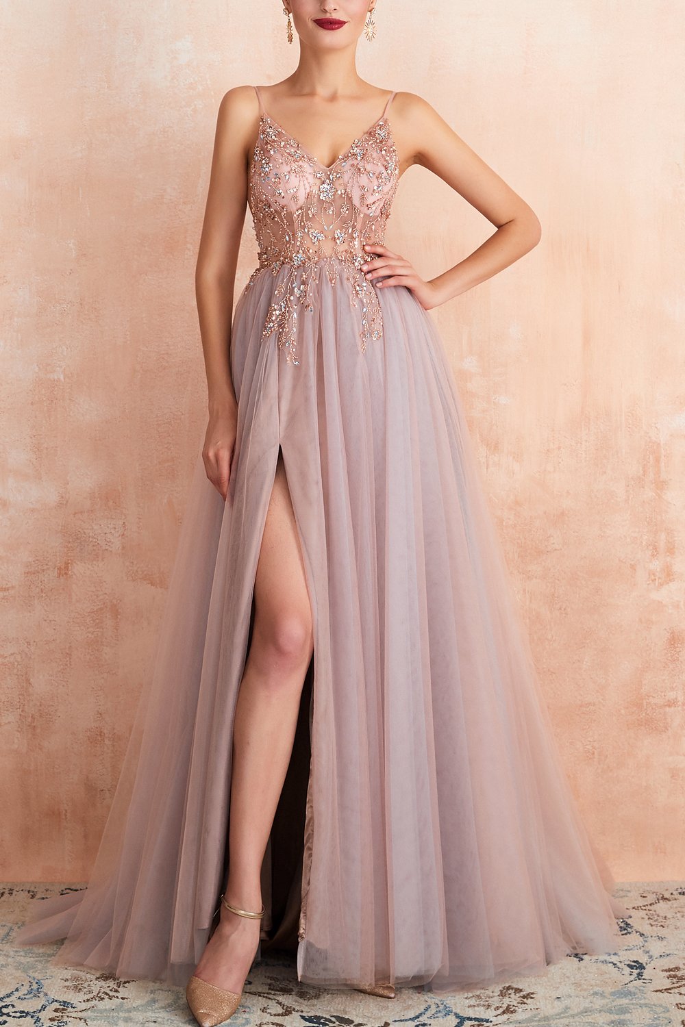 Spaghetti Straps Pink Long Prom Dress With Slit