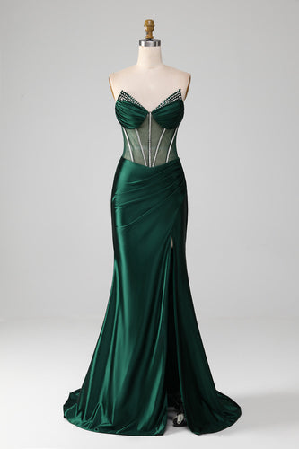 Dark Green Strapless Mermaid Long Corset Prom Dress