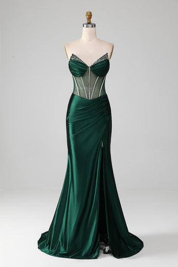 Dark Green Strapless Mermaid Long Corset Prom Dress