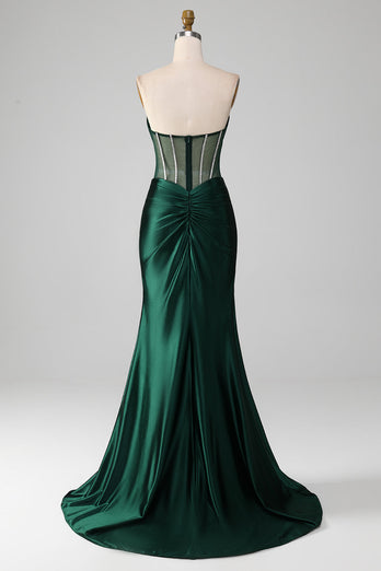 Dark Green Strapless Mermaid Long Corset Prom Dress