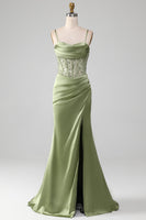 Load image into Gallery viewer, Sage Green Spaghetti Straps Satin Mermaid Corset Prom Dress