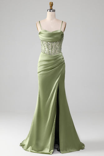 Sage Green Spaghetti Straps Satin Mermaid Corset Prom Dress