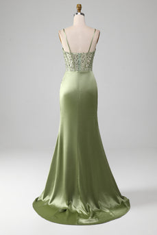 Sage Green Spaghetti Straps Satin Mermaid Corset Prom Dress