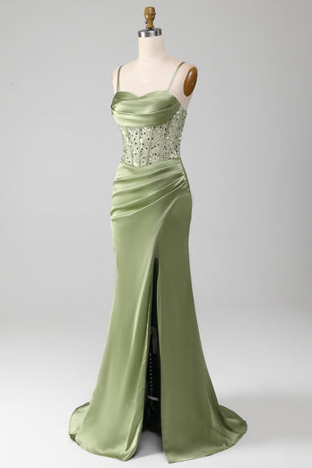 Sage Green Spaghetti Straps Satin Mermaid Corset Prom Dress