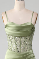 Load image into Gallery viewer, Sage Green Spaghetti Straps Satin Mermaid Corset Prom Dress