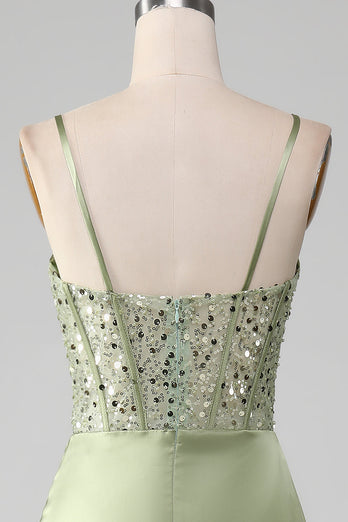 Sage Green Spaghetti Straps Satin Mermaid Corset Prom Dress
