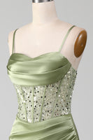 Load image into Gallery viewer, Sage Green Spaghetti Straps Satin Mermaid Corset Prom Dress