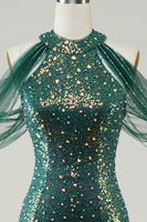 Load image into Gallery viewer, Sparkly Dark Green Sequin Mermaid Long Prom Dress