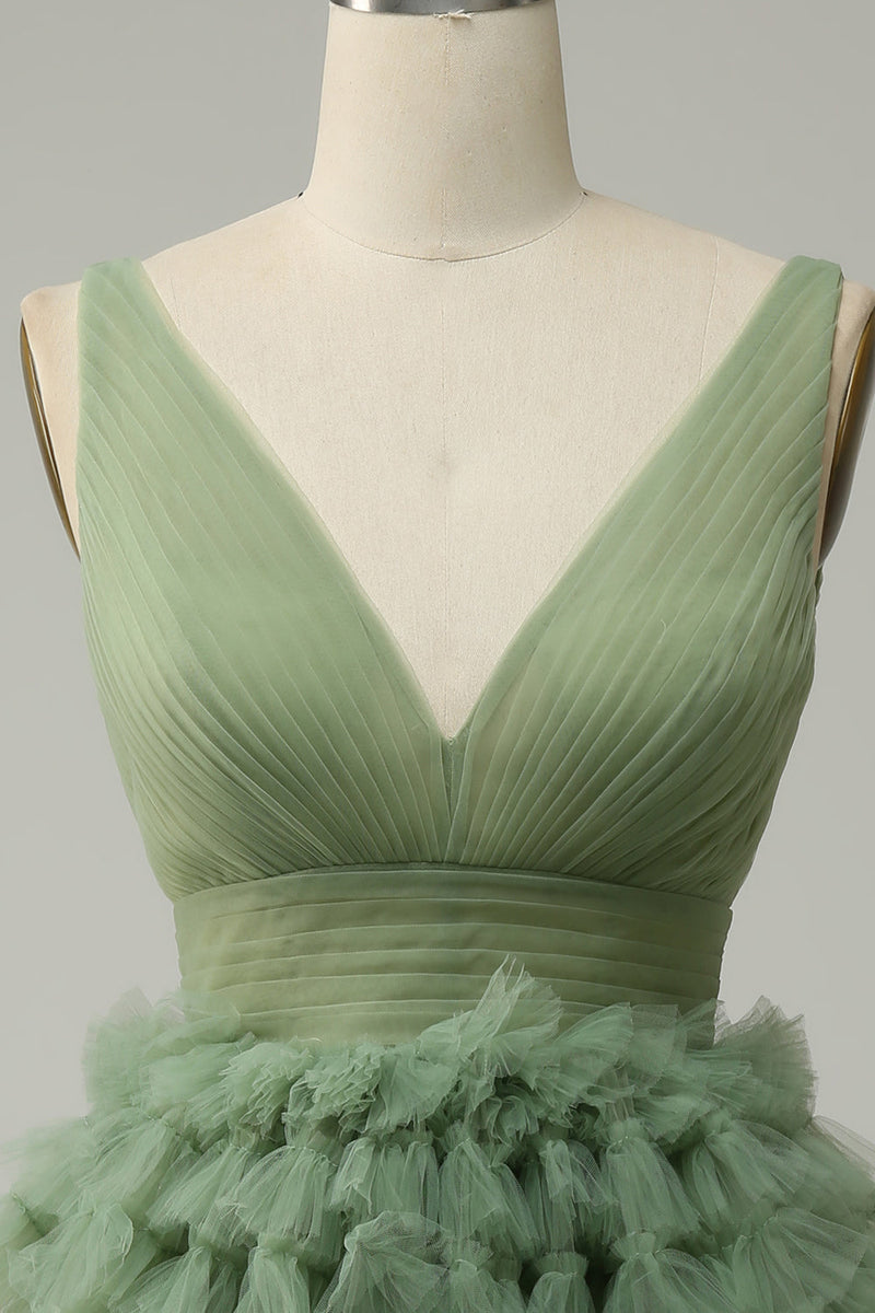 Load image into Gallery viewer, Green Tulle V-Neck Short Prom Dress With Open Back