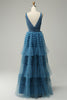 Load image into Gallery viewer, A Line V-Neck Blue Long Prom Dress With Open Back