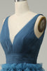 Load image into Gallery viewer, A Line V-Neck Blue Long Prom Dress With Open Back