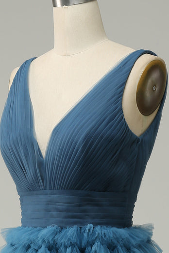 A Line V-Neck Blue Long Prom Dress With Open Back