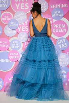Blue A Line V-neck Princess Tiered Prom Dress
