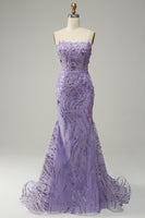 Load image into Gallery viewer, A-Line Spaghetti Straps Beaded Purple Mermaid Prom Dress