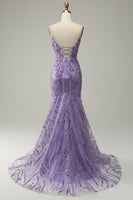 Load image into Gallery viewer, A-Line Spaghetti Straps Beaded Purple Mermaid Prom Dress