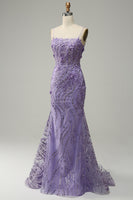 Load image into Gallery viewer, A-Line Spaghetti Straps Beaded Purple Mermaid Prom Dress
