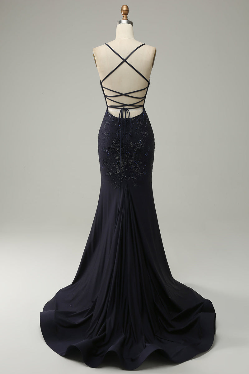 Load image into Gallery viewer, Navy Strapless Sweetheart Beaded Prom Dress with Split