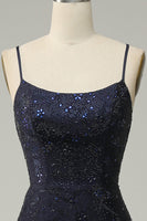 Load image into Gallery viewer, Navy Strapless Sweetheart Beaded Prom Dress with Split