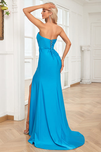 Blue Mermaid Sweetheart Long Prom Dress with Slit