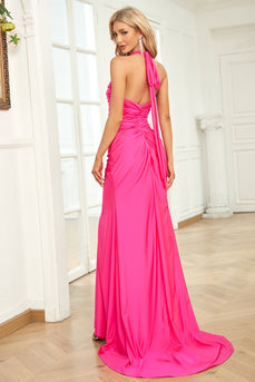 Halter Hot Pink Long Mermaid Prom Dress with Slit