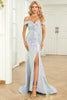 Load image into Gallery viewer, Off the Shoulder Mermaid Blue Sequins Long Prom Dress with Slit