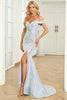 Load image into Gallery viewer, Off the Shoulder Mermaid Blue Sequins Long Prom Dress with Slit