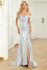 Load image into Gallery viewer, Off the Shoulder Mermaid Blue Sequins Long Prom Dress with Slit