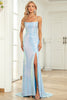 Load image into Gallery viewer, Mermaid Spaghetti Straps Blue Sequins Long Prom Dress with Split Front