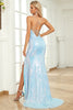 Load image into Gallery viewer, Mermaid Spaghetti Straps Blue Sequins Long Prom Dress with Split Front