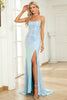 Load image into Gallery viewer, Mermaid Spaghetti Straps Blue Sequins Long Prom Dress with Split Front