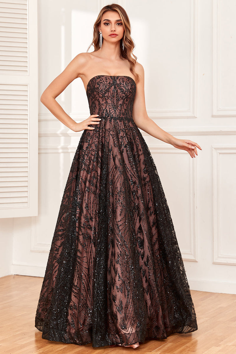 Load image into Gallery viewer, Black Strapless A Line Prom Dress with Beading
