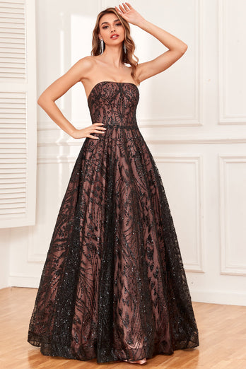 Black Strapless A Line Prom Dress with Beading