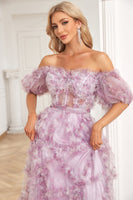 Load image into Gallery viewer, Charming A Line Off the Shoulder Purple Long Prom Dress with Printing