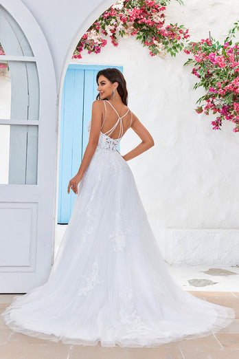 Ivory Criss-Cross Straps Back A-Line Tulle Wedding Dress
