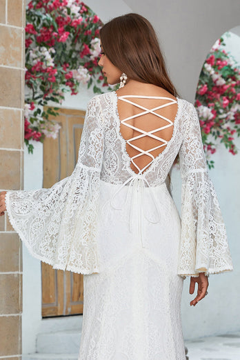 Ivory Mermaid Lace Flare Sleeves Wedding Dress