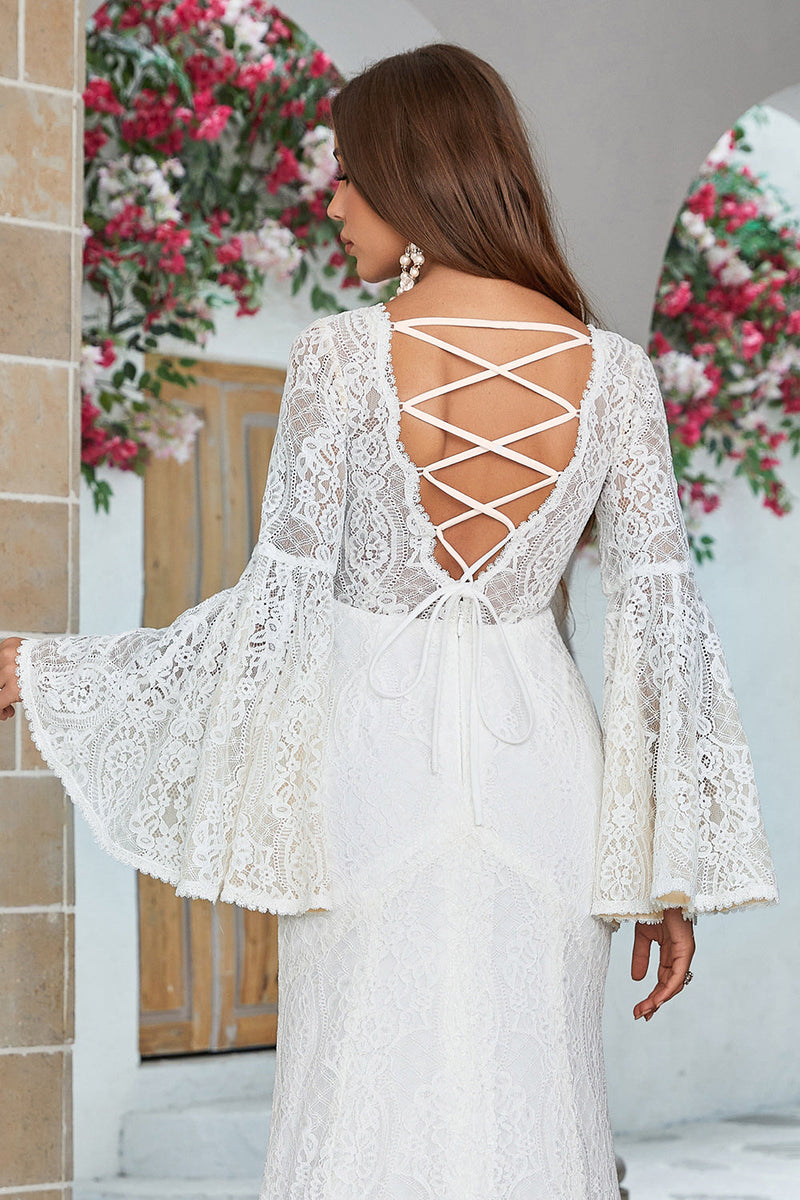 Load image into Gallery viewer, Ivory Mermaid Lace Flare Sleeves Wedding Dress
