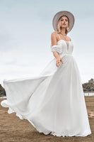 Load image into Gallery viewer, Off The Shoulder Ivory Boho Chiffon Ruched A Line Wedding Dress