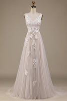 Load image into Gallery viewer, Apricot Tulle Sweep Train Wedding Dress with Lace