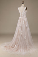 Load image into Gallery viewer, Apricot Tulle Sweep Train Wedding Dress with Lace