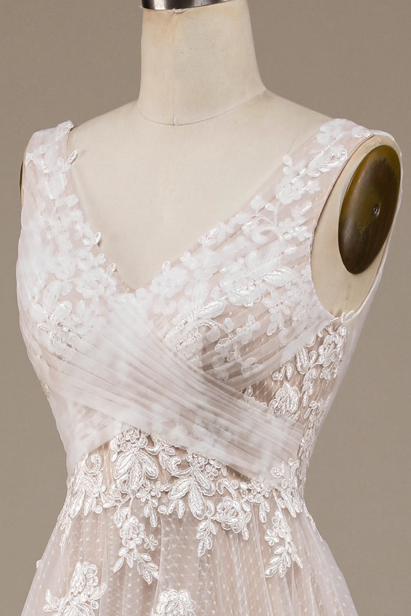 Load image into Gallery viewer, Apricot Tulle Sweep Train Wedding Dress with Lace