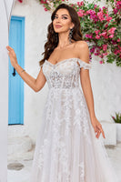Load image into Gallery viewer, Detachable Off the Shoulder Corset Tulle A Line Wedding Dress