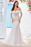 Load image into Gallery viewer, Cold Shoulder Tulle Corset Mermaid Wedding Dress with Appliques