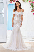 Load image into Gallery viewer, Cold Shoulder Tulle Corset Mermaid Wedding Dress with Appliques