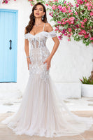 Load image into Gallery viewer, Cold Shoulder Tulle Corset Mermaid Wedding Dress with Appliques