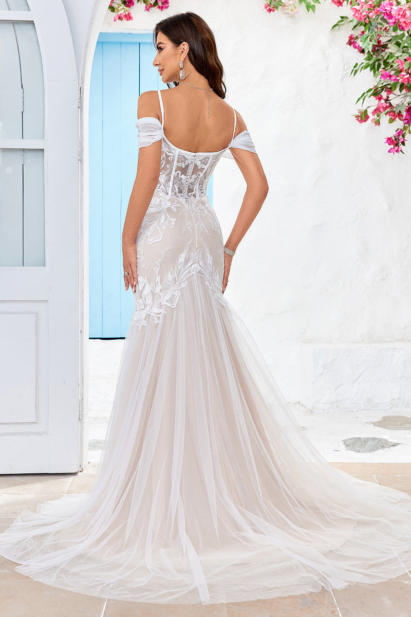 Load image into Gallery viewer, Cold Shoulder Tulle Corset Mermaid Wedding Dress with Appliques